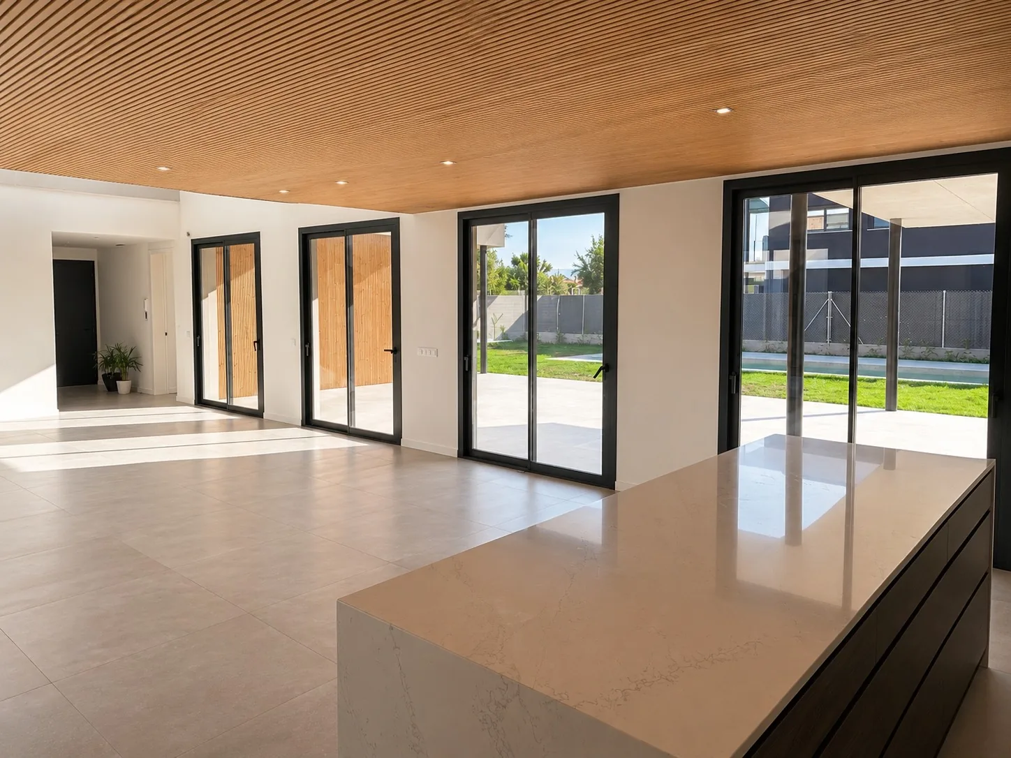 Estancia diáfana con isla de cocina y salidas al porche
